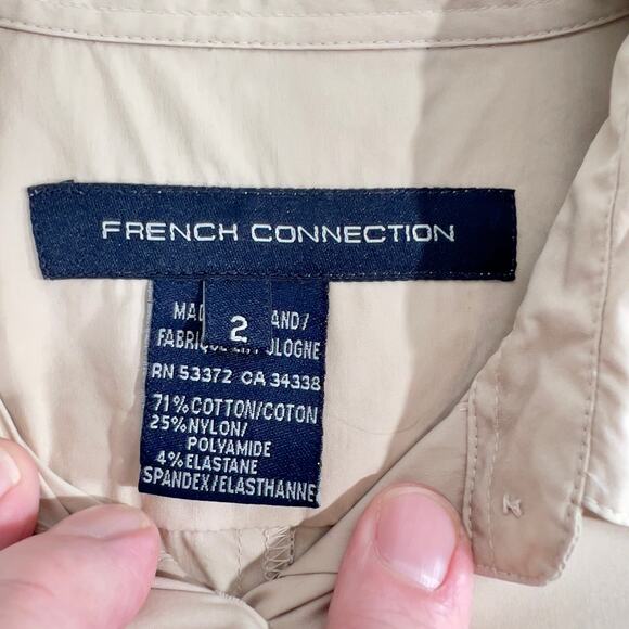 French Connection Mini Dress Woman's 2 Button Up Tan Collar Waist Tie Adjustable - Picture 2 of 16